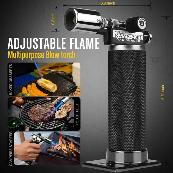 imageRAVS Butane Torch Refillable Kitchen Torch Lighter with Safety Lock and Adjustable Flame Creme Brulee Kitchen Food Torch for Baking Culinary Cooking Torch Blow Torch  Butane Gas Not IncludedBlack