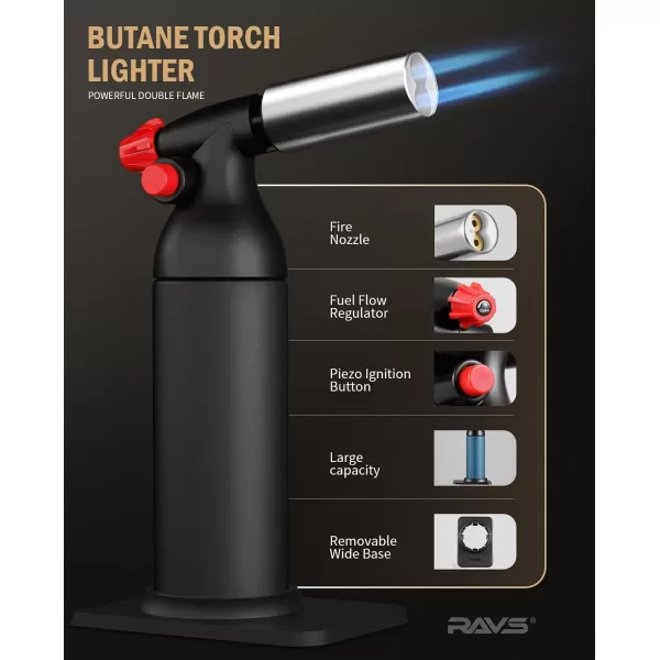 imageRAVS Dual flame butane torch lighter Kitchen torch lighter for creme brulee Refillable cooking torch gun for BBQ food torch for cooking searing steak culinary torch Butane is Not IncludedBlack