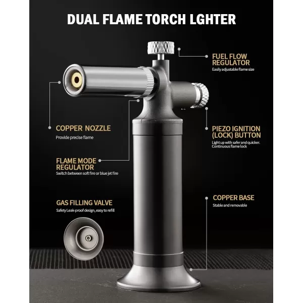 imageRavs Copper Butane Torch Dual Flame Torch Lighter Kitchen Torch with Lock Mini Torch for Soldering Creme Brulee Torch for Baking Refillable Food Cooking Torch Rose gold Butane Gas Not IncludedGray