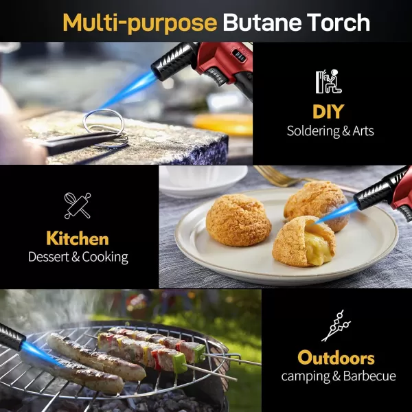 imageravs Butane Torch Refillable Kitchen Torch Lighter Blow Torch with Safety Lock Rotating Angles Adjustable Flame Culinary Torch for Creme Brulee Desserts and BakingRed  Butane Gas Not IncludedRed
