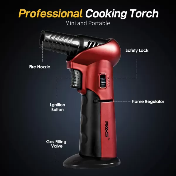 imageravs Butane Torch Refillable Kitchen Torch Lighter Blow Torch with Safety Lock Rotating Angles Adjustable Flame Culinary Torch for Creme Brulee Desserts and BakingRed  Butane Gas Not IncludedRed