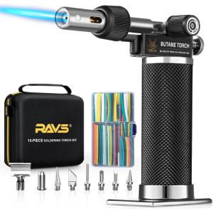 imageRAVS 16piece Butane Torch Kit Soldering Torch Kit with 100 pcs Waterproof Wire Connectors with 140 pcs Heat Shrink Tubing Kit Cordless Butane Soldering Iron Kit without FuelRBT600D