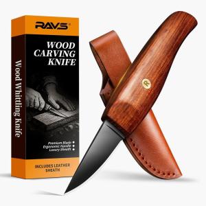 imageRAVS Wood Carving Knife with Leather Sheath High Carbon Steel Blade Whittling Knife with Titanium Coating Sloyd Knife with Ergonomic Rosewood Handle Wood Carving Kit for Beginners to Experts