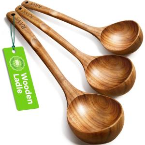 image3PCS RAVS Wooden Ladle for Soup 100 Natural Acacia Wood with Long Handle NoScratch Cookware Surface Wooden Soup Ladle for Cooking Gravy Sauce Porridge3