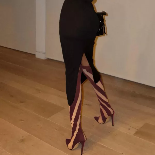 imageFSJ Women Sexy Pointed Toe Thigh High Boots Ladies Elastic Mesh Multicolor Over the Knee Boots Stretch Stiletto High Heel Long Nightclub Party Dress Shoes Size 416 USDark Red and Brown