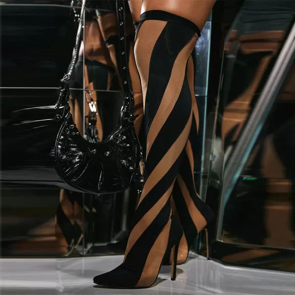 imageFSJ Women Sexy Pointed Toe Thigh High Boots Ladies Elastic Mesh Multicolor Over the Knee Boots Stretch Stiletto High Heel Long Nightclub Party Dress Shoes Size 416 USBlack and Light Brown
