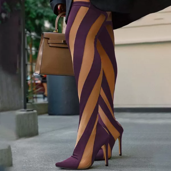 imageFSJ Women Sexy Pointed Toe Thigh High Boots Ladies Elastic Mesh Multicolor Over the Knee Boots Stretch Stiletto High Heel Long Nightclub Party Dress Shoes Size 416 USPurple and Brown