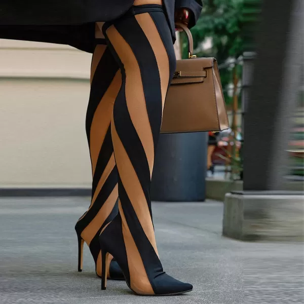 imageFSJ Women Sexy Pointed Toe Thigh High Boots Ladies Elastic Mesh Multicolor Over the Knee Boots Stretch Stiletto High Heel Long Nightclub Party Dress Shoes Size 416 USBlack and Light Brown