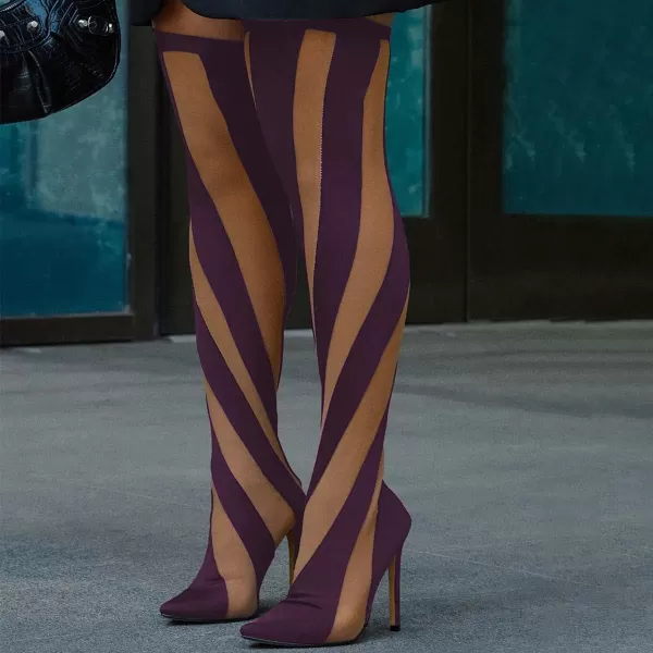 imageFSJ Women Sexy Pointed Toe Thigh High Boots Ladies Elastic Mesh Multicolor Over the Knee Boots Stretch Stiletto High Heel Long Nightclub Party Dress Shoes Size 416 USPurple and Brown