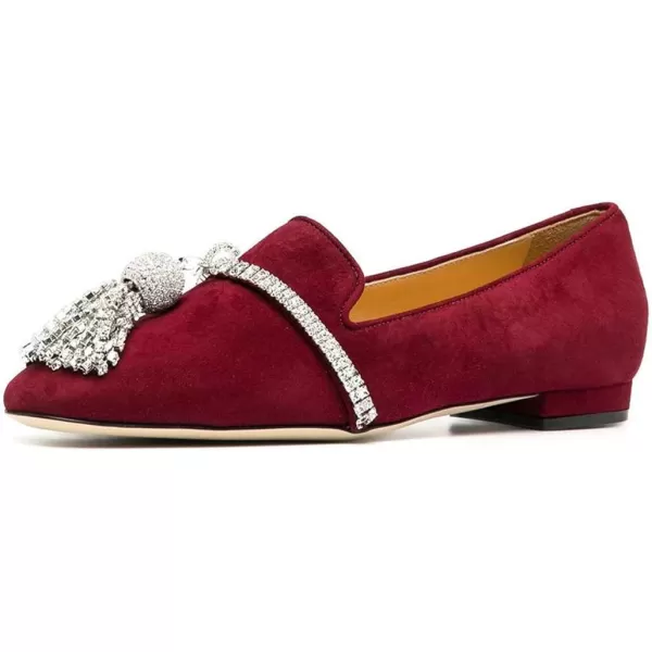 imageFSJ Women Trendy Round Toe Loafers Fringed Rhinestones Decor Flats Comfort Walking Ballet Shoes Size 415 USRed