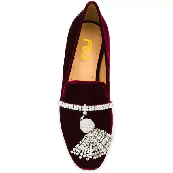 imageFSJ Women Trendy Round Toe Loafers Fringed Rhinestones Decor Flats Comfort Walking Ballet Shoes Size 415 USWine Red