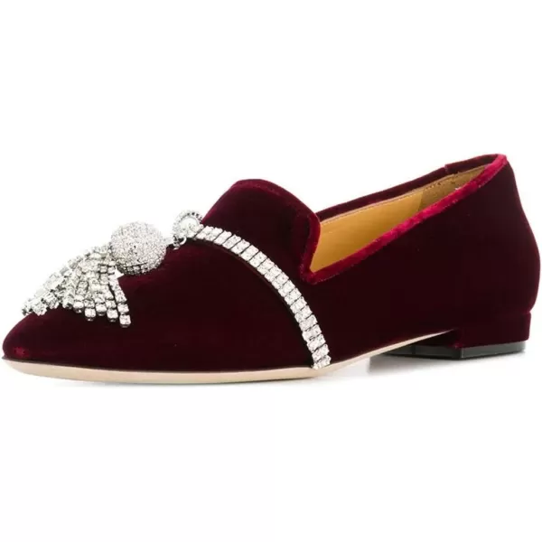 imageFSJ Women Trendy Round Toe Loafers Fringed Rhinestones Decor Flats Comfort Walking Ballet Shoes Size 415 USWine Red