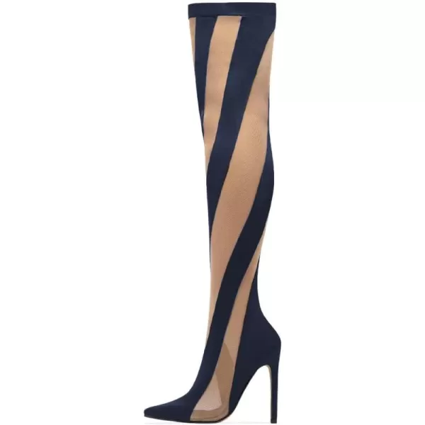 imageFSJ Women Sexy Pointed Toe Thigh High Boots Ladies Elastic Mesh Multicolor Over the Knee Boots Stretch Stiletto High Heel Long Nightclub Party Dress Shoes Size 416 USNavy Blue and Brown