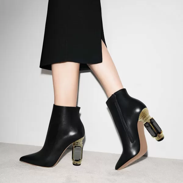 imageFSJ Women Chic Pointed Toe Crystal Chunky Block High Heel Ankle Boots Glossy Side Zipper Casual Daily Fashion Ladies Shoes Size 415 USBlack