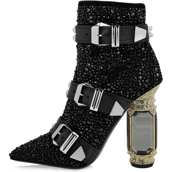 imageFSJ Women Chic Pointed Toe Crystal Chunky Block High Heel Ankle Boots Glossy Side Zipper Casual Daily Fashion Ladies Shoes Size 415 USBlack Belt
