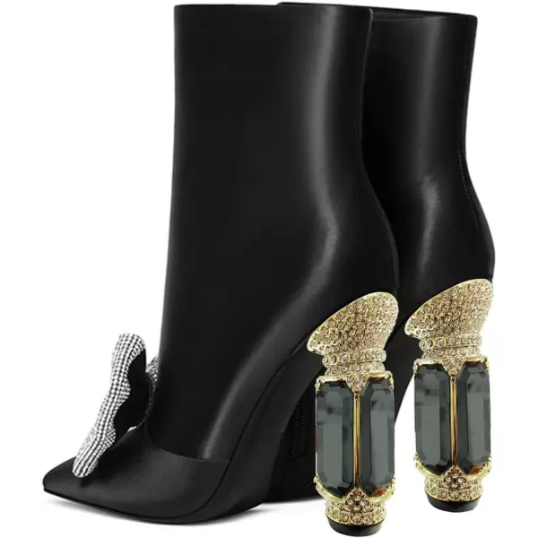 imageFSJ Women Chic Pointed Toe Crystal Chunky Block High Heel Ankle Boots Glossy Side Zipper Casual Daily Fashion Ladies Shoes Size 415 USBlack Bow
