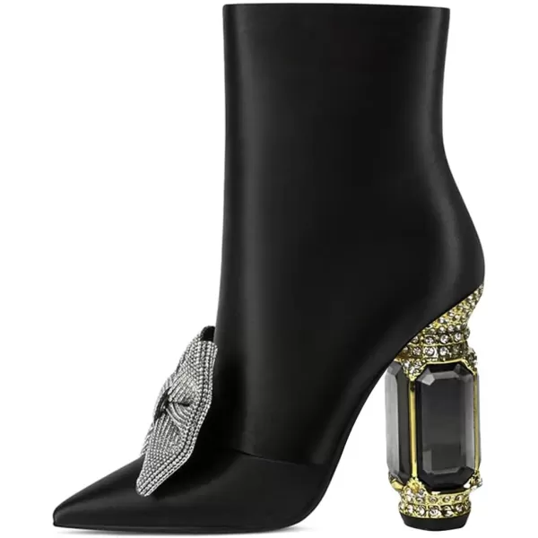 imageFSJ Women Chic Pointed Toe Crystal Chunky Block High Heel Ankle Boots Glossy Side Zipper Casual Daily Fashion Ladies Shoes Size 415 USBlack Bow