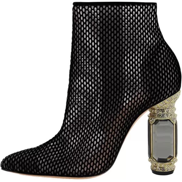 imageFSJ Women Chic Pointed Toe Crystal Chunky Block High Heel Ankle Boots Glossy Side Zipper Casual Daily Fashion Ladies Shoes Size 415 USBlack Mesh