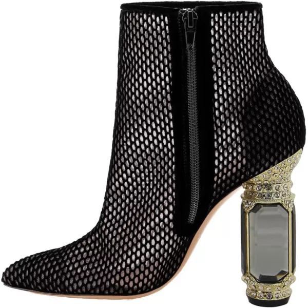 imageFSJ Women Chic Pointed Toe Crystal Chunky Block High Heel Ankle Boots Glossy Side Zipper Casual Daily Fashion Ladies Shoes Size 415 USBlack Mesh