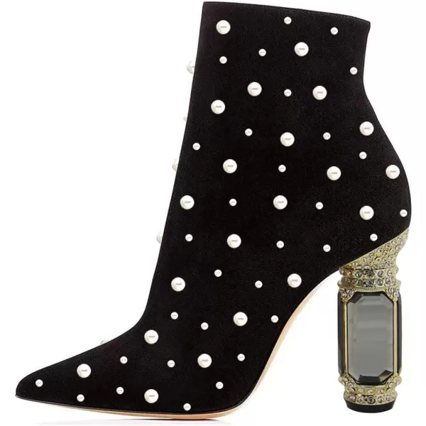 imageFSJ Women Chic Pointed Toe Crystal Chunky Block High Heel Ankle Boots Glossy Side Zipper Casual Daily Fashion Ladies Shoes Size 415 USBlack Pearl