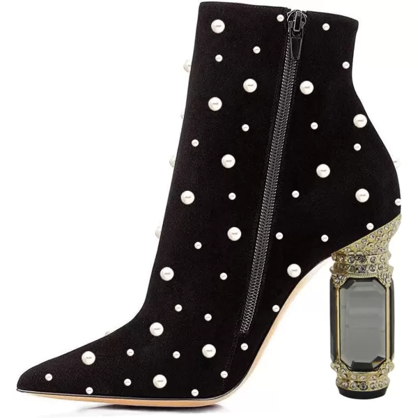 imageFSJ Women Chic Pointed Toe Crystal Chunky Block High Heel Ankle Boots Glossy Side Zipper Casual Daily Fashion Ladies Shoes Size 415 USBlack Pearl