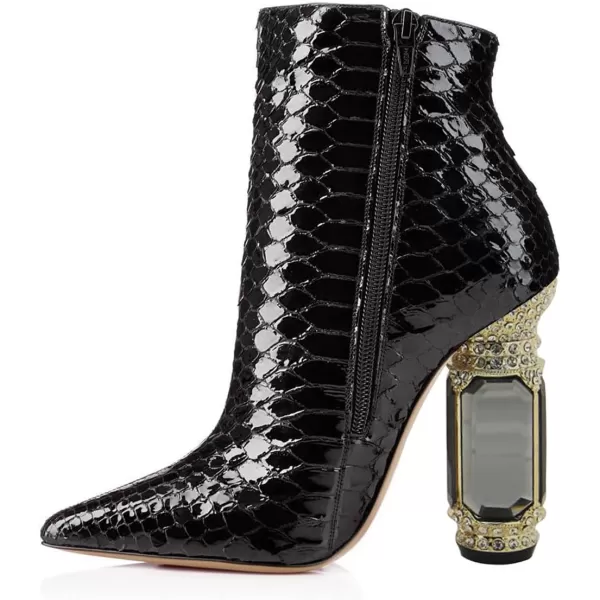 imageFSJ Women Chic Pointed Toe Crystal Chunky Block High Heel Ankle Boots Glossy Side Zipper Casual Daily Fashion Ladies Shoes Size 415 USBlack Python Print
