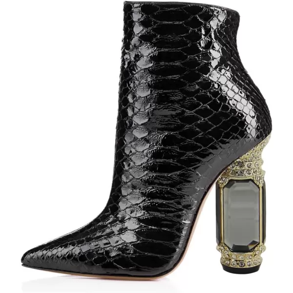 imageFSJ Women Chic Pointed Toe Crystal Chunky Block High Heel Ankle Boots Glossy Side Zipper Casual Daily Fashion Ladies Shoes Size 415 USBlack Python Print