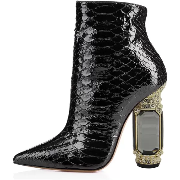 imageFSJ Women Chic Pointed Toe Crystal Chunky Block High Heel Ankle Boots Glossy Side Zipper Casual Daily Fashion Ladies Shoes Size 415 USBlack Python Print