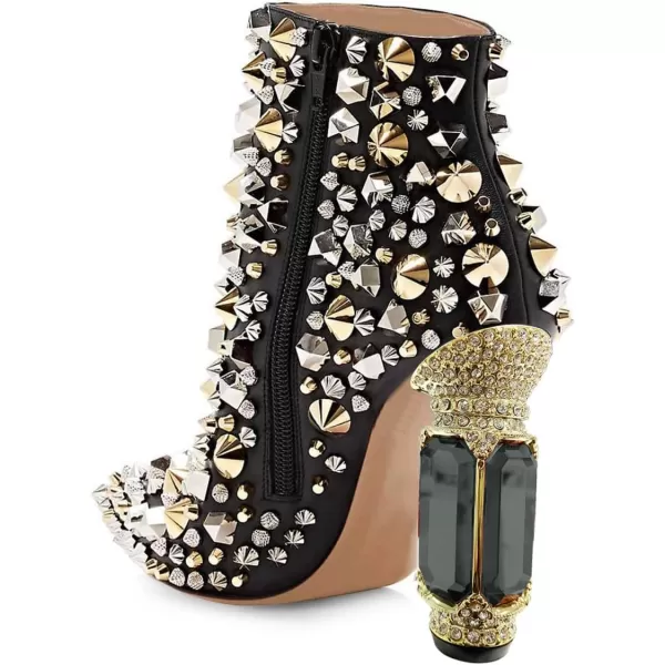 imageFSJ Women Chic Pointed Toe Crystal Chunky Block High Heel Ankle Boots Glossy Side Zipper Casual Daily Fashion Ladies Shoes Size 415 USBlack Rivets
