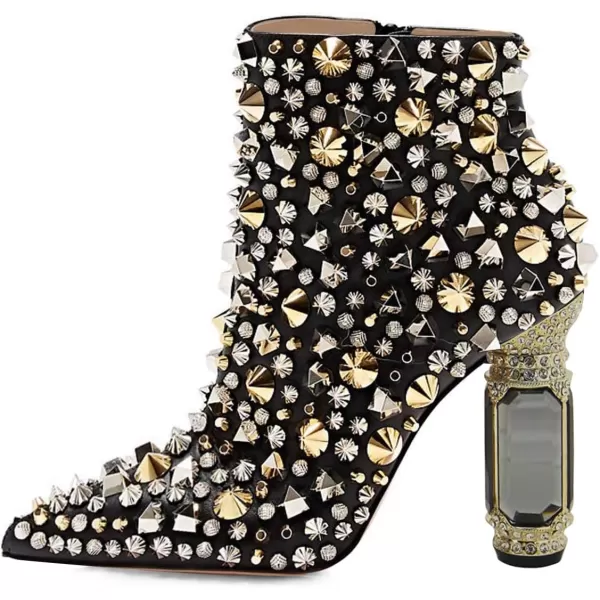 imageFSJ Women Chic Pointed Toe Crystal Chunky Block High Heel Ankle Boots Glossy Side Zipper Casual Daily Fashion Ladies Shoes Size 415 USBlack Rivets