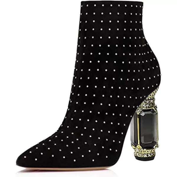 imageFSJ Women Chic Pointed Toe Crystal Chunky Block High Heel Ankle Boots Glossy Side Zipper Casual Daily Fashion Ladies Shoes Size 415 USBlack Studded