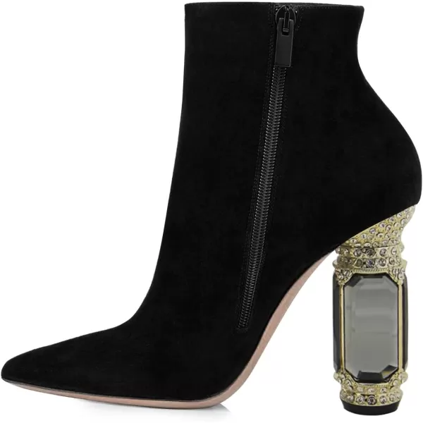 imageFSJ Women Chic Pointed Toe Crystal Chunky Block High Heel Ankle Boots Glossy Side Zipper Casual Daily Fashion Ladies Shoes Size 415 USBlack Suede