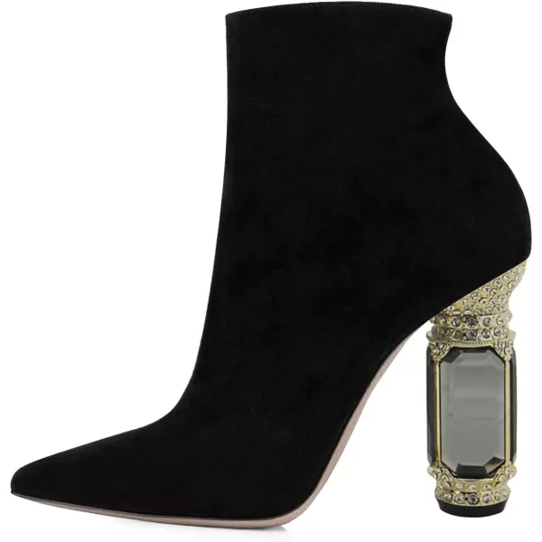 imageFSJ Women Chic Pointed Toe Crystal Chunky Block High Heel Ankle Boots Glossy Side Zipper Casual Daily Fashion Ladies Shoes Size 415 USBlack Suede