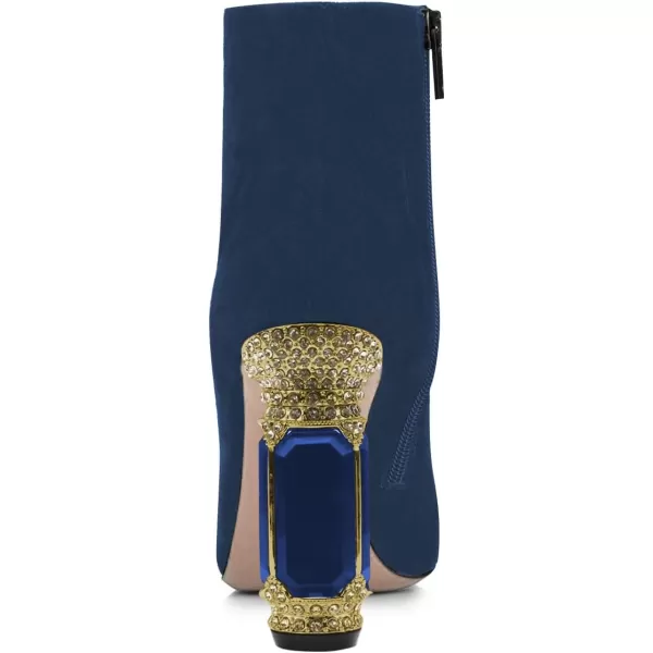 imageFSJ Women Chic Pointed Toe Crystal Chunky Block High Heel Ankle Boots Glossy Side Zipper Casual Daily Fashion Ladies Shoes Size 415 USBlue Suede