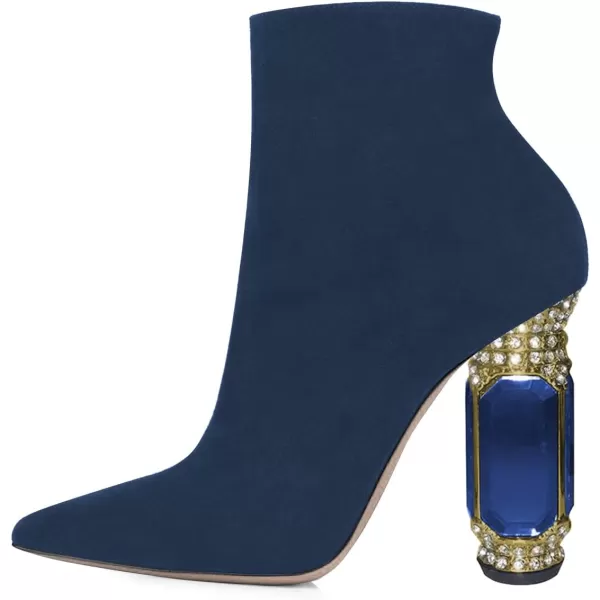 imageFSJ Women Chic Pointed Toe Crystal Chunky Block High Heel Ankle Boots Glossy Side Zipper Casual Daily Fashion Ladies Shoes Size 415 USBlue Suede