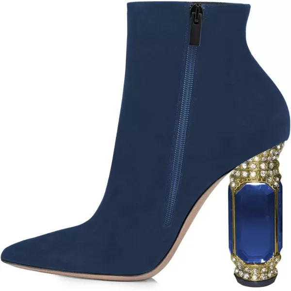 imageFSJ Women Chic Pointed Toe Crystal Chunky Block High Heel Ankle Boots Glossy Side Zipper Casual Daily Fashion Ladies Shoes Size 415 USBlue Suede
