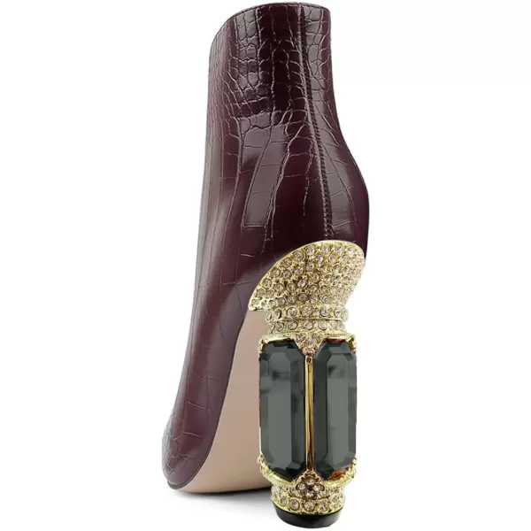 imageFSJ Women Chic Pointed Toe Crystal Chunky Block High Heel Ankle Boots Glossy Side Zipper Casual Daily Fashion Ladies Shoes Size 415 USBrown Crocodile Print
