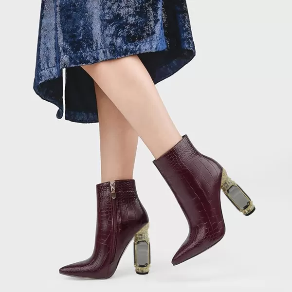 imageFSJ Women Chic Pointed Toe Crystal Chunky Block High Heel Ankle Boots Glossy Side Zipper Casual Daily Fashion Ladies Shoes Size 415 USBrown Crocodile Print