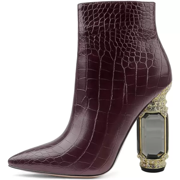 imageFSJ Women Chic Pointed Toe Crystal Chunky Block High Heel Ankle Boots Glossy Side Zipper Casual Daily Fashion Ladies Shoes Size 415 USBrown Crocodile Print