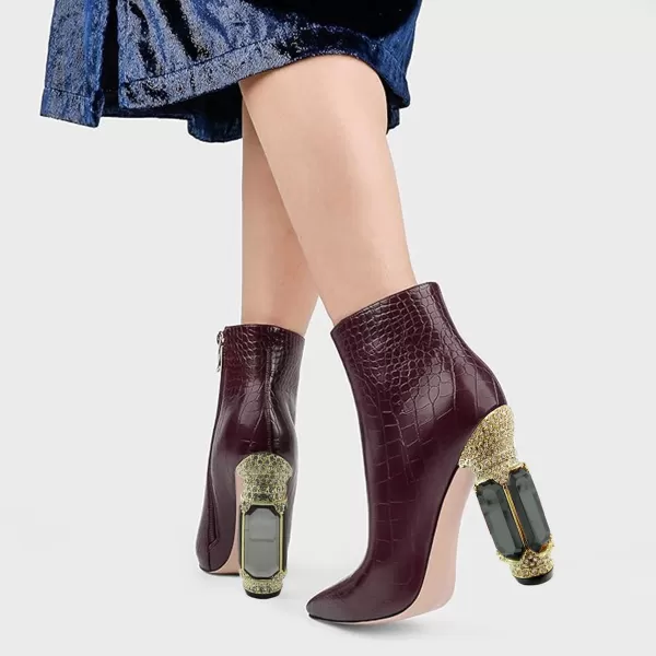 imageFSJ Women Chic Pointed Toe Crystal Chunky Block High Heel Ankle Boots Glossy Side Zipper Casual Daily Fashion Ladies Shoes Size 415 USBrown Crocodile Print