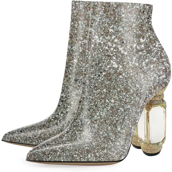 imageFSJ Women Chic Pointed Toe Crystal Chunky Block High Heel Ankle Boots Glossy Side Zipper Casual Daily Fashion Ladies Shoes Size 415 USGlitter Pattern