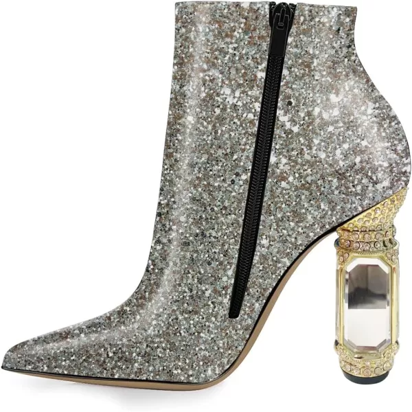 imageFSJ Women Chic Pointed Toe Crystal Chunky Block High Heel Ankle Boots Glossy Side Zipper Casual Daily Fashion Ladies Shoes Size 415 USGlitter Pattern