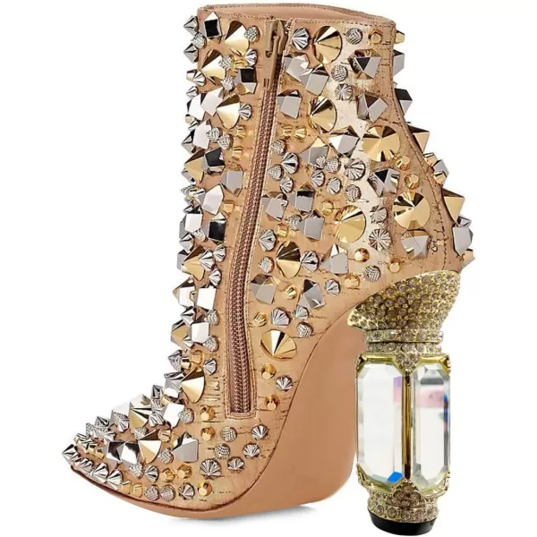 imageFSJ Women Chic Pointed Toe Crystal Chunky Block High Heel Ankle Boots Glossy Side Zipper Casual Daily Fashion Ladies Shoes Size 415 USGold Rivets