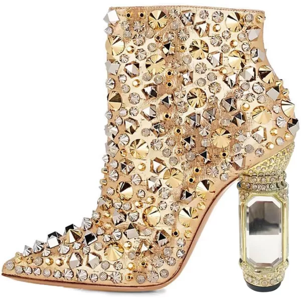 imageFSJ Women Chic Pointed Toe Crystal Chunky Block High Heel Ankle Boots Glossy Side Zipper Casual Daily Fashion Ladies Shoes Size 415 USGold Rivets