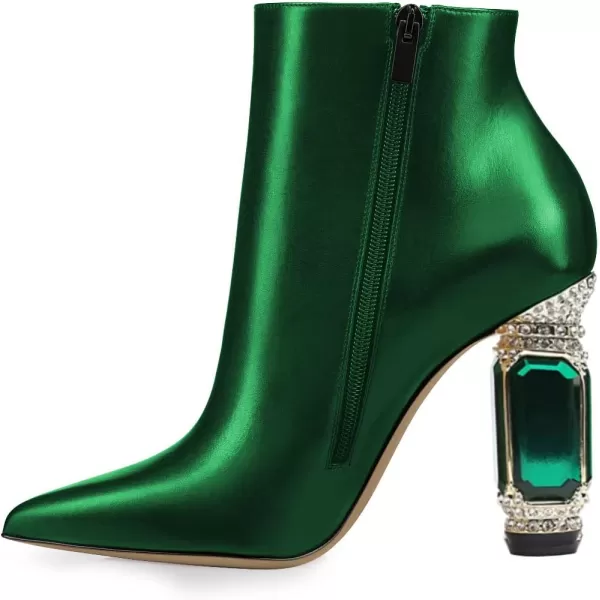 imageFSJ Women Chic Pointed Toe Crystal Chunky Block High Heel Ankle Boots Glossy Side Zipper Casual Daily Fashion Ladies Shoes Size 415 USGreen
