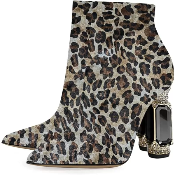 imageFSJ Women Chic Pointed Toe Crystal Chunky Block High Heel Ankle Boots Glossy Side Zipper Casual Daily Fashion Ladies Shoes Size 415 USLeopard