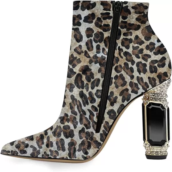 imageFSJ Women Chic Pointed Toe Crystal Chunky Block High Heel Ankle Boots Glossy Side Zipper Casual Daily Fashion Ladies Shoes Size 415 USLeopard
