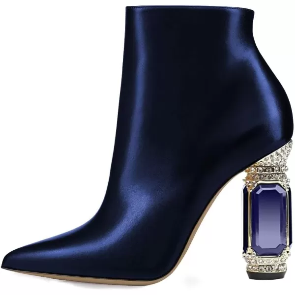 imageFSJ Women Chic Pointed Toe Crystal Chunky Block High Heel Ankle Boots Glossy Side Zipper Casual Daily Fashion Ladies Shoes Size 415 USNavy