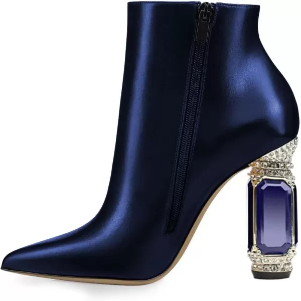 imageFSJ Women Chic Pointed Toe Crystal Chunky Block High Heel Ankle Boots Glossy Side Zipper Casual Daily Fashion Ladies Shoes Size 415 USNavy
