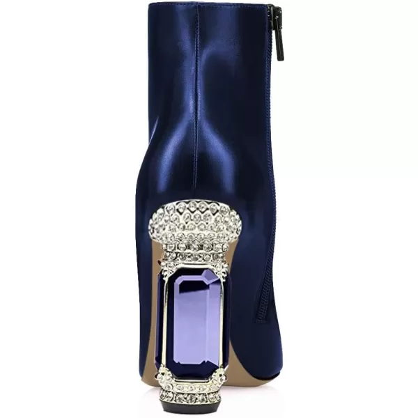imageFSJ Women Chic Pointed Toe Crystal Chunky Block High Heel Ankle Boots Glossy Side Zipper Casual Daily Fashion Ladies Shoes Size 415 USNavy